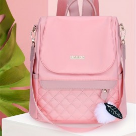 Quilted Flap Backpack Purse, Women's Nylon Travel Shoulder Bag, Casual Pompom Decor Bookbag