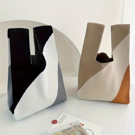 Colorblock Knitted Casual Handbag, PortableVersatile Satchel Bag, All-Match Woven Shopping Bag
