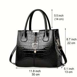 Crocodile Embossed Handbag, PU Leather Patent Shoulder Bag, Cute Cat Decor Double Handle Purse For Women