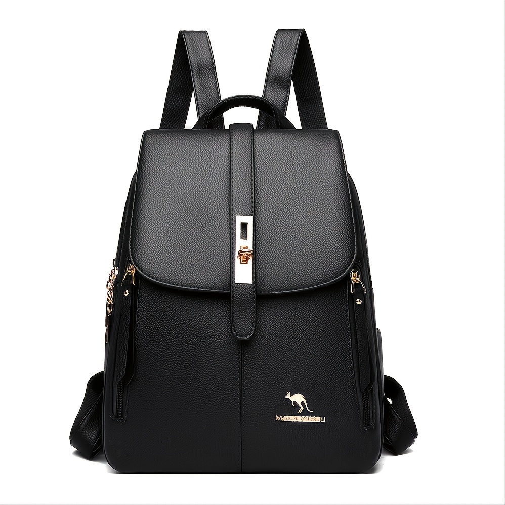 women large capacity backpack solid color buckle decor bag for outdoor travel details 6