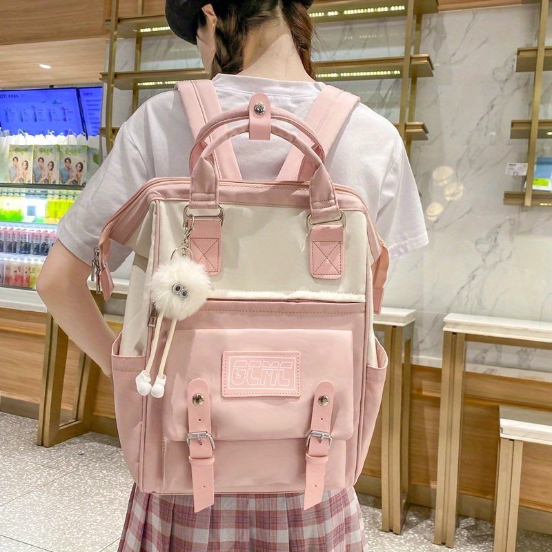 color contrast tote backpack simple preppy style school bag top handle laptop daypack for travel work details 6