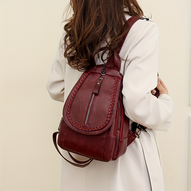 retro pu leather flap backpack soft multi pockets sling daypack fashion chest bag with zipper strap details 2