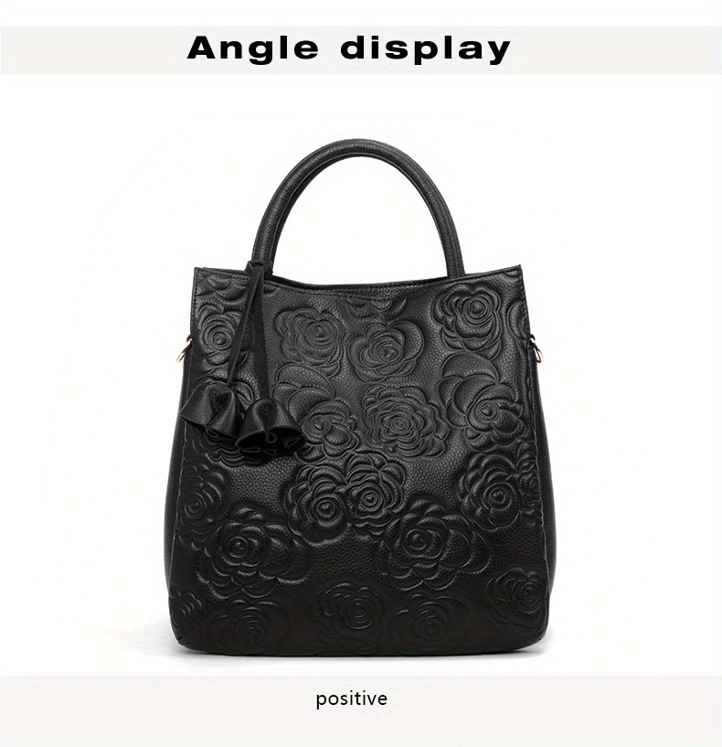 luxury flower embossed handbag fashion genuine leather tote bag womens top handle purse details 8