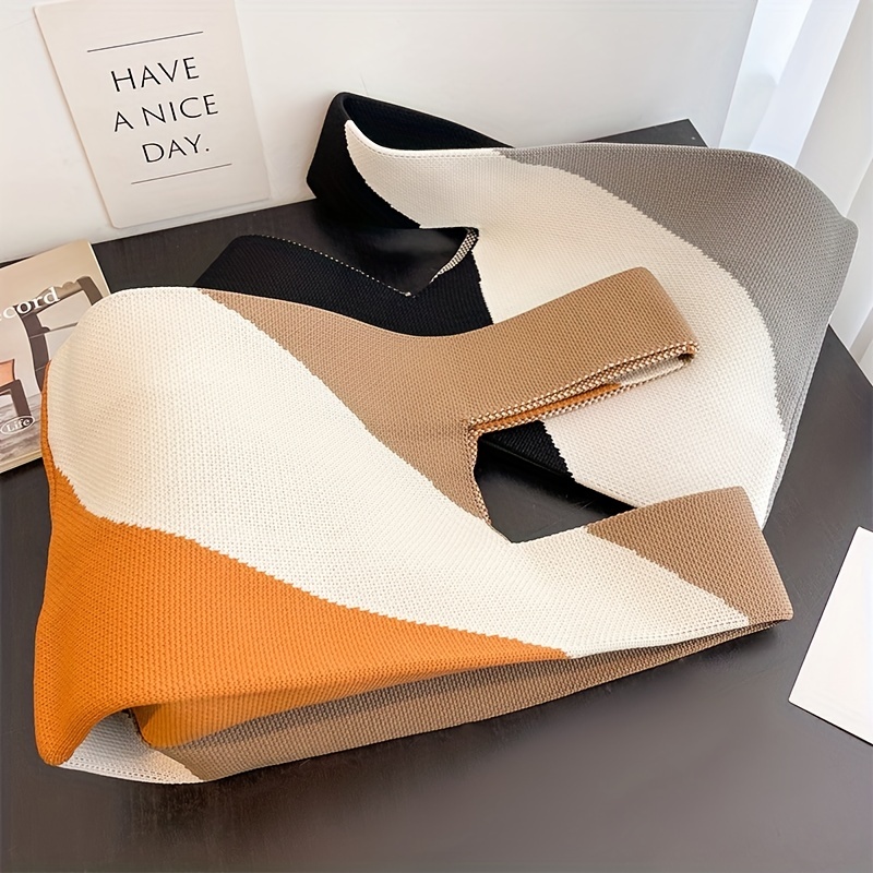 colorblock knitted satchel bag versatile crochet storage bag trendy storage bag details 0