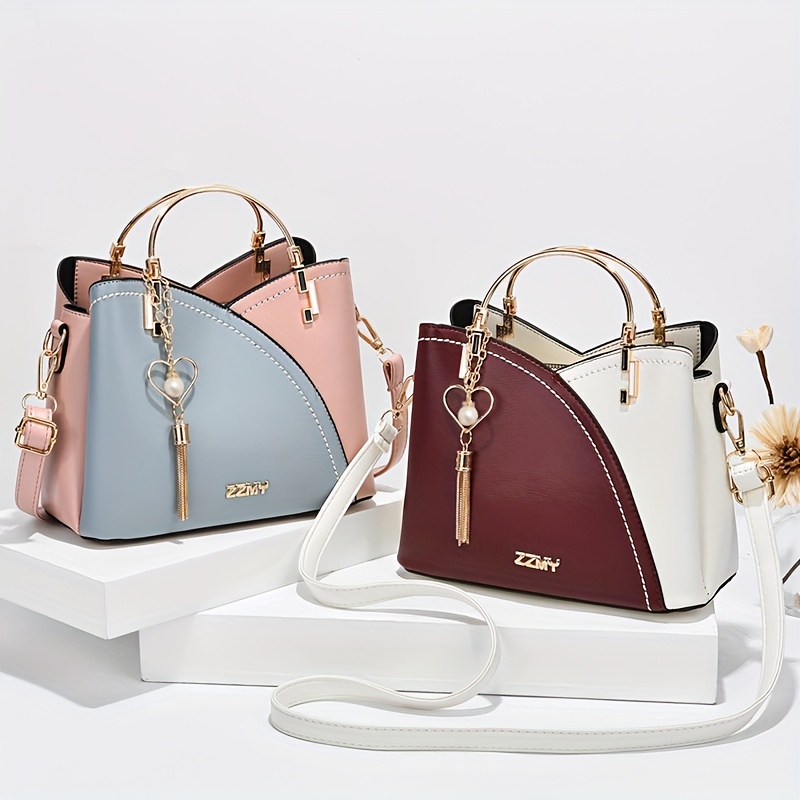 fashion color contrast handbags tassel decor crossbody bag womens top ring purses for every day details 0